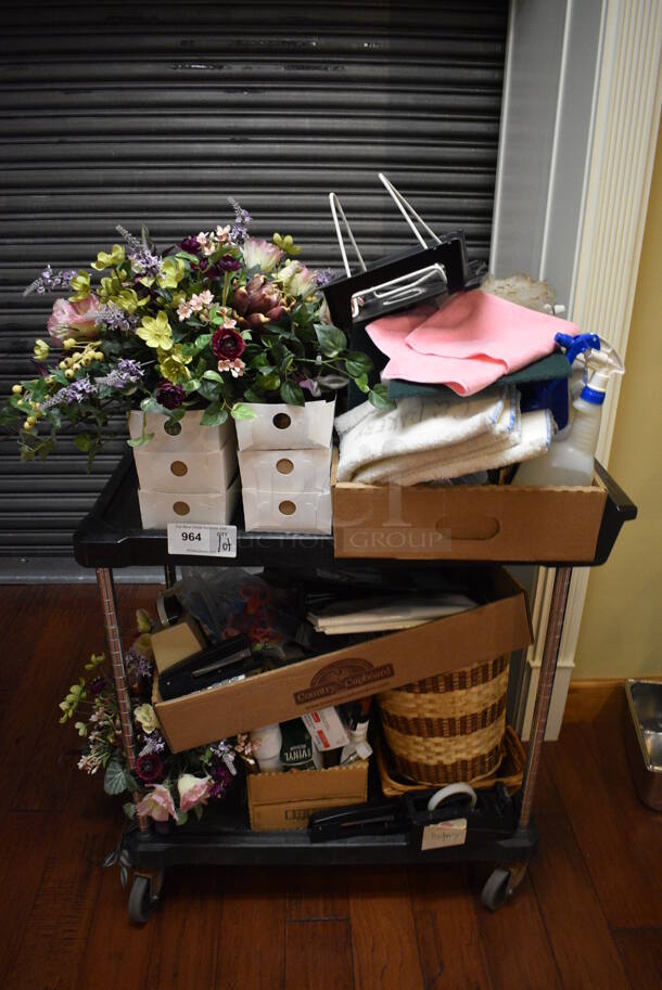 ALL ONE MONEY! Lot of Black 2 Tier Cart w/ Contents Including Baskets and Fake Flowers on Commercial Casters. 33x21x35. (gift shop)