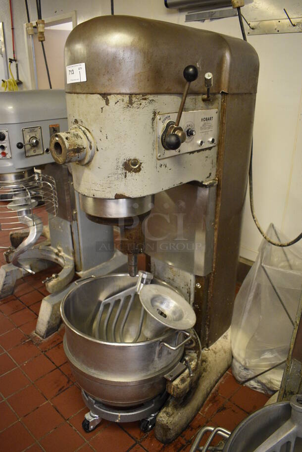 Hobart Model M-802 Metal Commercial Floor Style 80 Quart Planetary Dough Mixer w/ Stainless Steel Mixing Bowl, Bowl Dolly, Paddle and Dough Hook Attachments. 220 Volts, 3 Phase. 27x42x65. Unit Was In Working Condition When Restaurant Closed. (bakery kitchen)