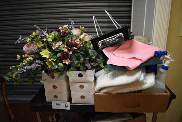 ALL ONE MONEY! Lot of Black 2 Tier Cart w/ Contents Including Baskets and Fake Flowers on Commercial Casters. 33x21x35. (gift shop) - Image 2 of 7