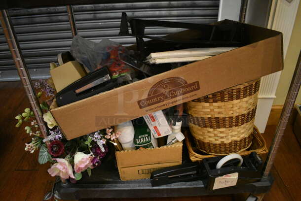 ALL ONE MONEY! Lot of Black 2 Tier Cart w/ Contents Including Baskets and Fake Flowers on Commercial Casters. 33x21x35. (gift shop) - Image 4 of 7