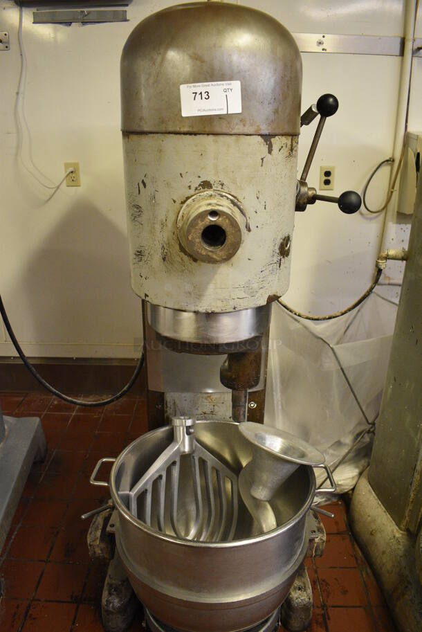 Hobart Model M-802 Metal Commercial Floor Style 80 Quart Planetary Dough Mixer w/ Stainless Steel Mixing Bowl, Bowl Dolly, Paddle and Dough Hook Attachments. 220 Volts, 3 Phase. 27x42x65. Unit Was In Working Condition When Restaurant Closed. (bakery kitchen) - Image 5 of 8