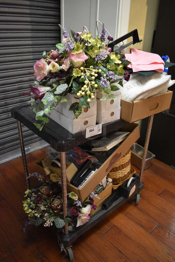 ALL ONE MONEY! Lot of Black 2 Tier Cart w/ Contents Including Baskets and Fake Flowers on Commercial Casters. 33x21x35. (gift shop) - Image 7 of 7