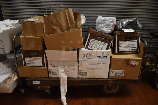 ALL ONE MONEY! Lot of Wooden Cart w/ Metal Push Handle and Contents Including Bow Ties and Shirts on Commercial Casters. 63x24x34.5. (gift shop) - Image 1 of 11