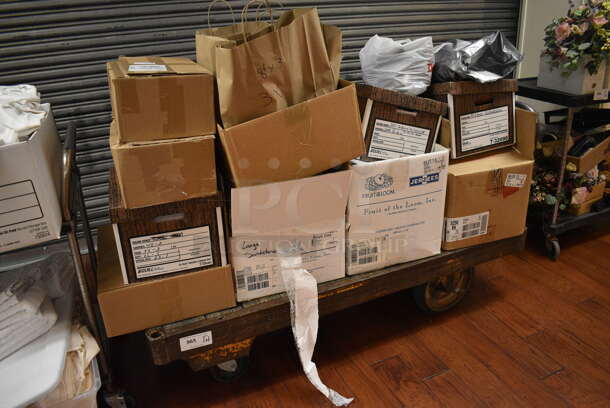 ALL ONE MONEY! Lot of Wooden Cart w/ Metal Push Handle and Contents Including Bow Ties and Shirts on Commercial Casters. 63x24x34.5. (gift shop) - Image 2 of 11