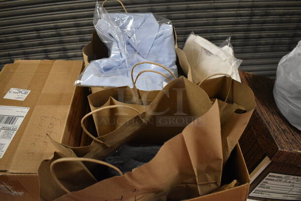 ALL ONE MONEY! Lot of Wooden Cart w/ Metal Push Handle and Contents Including Bow Ties and Shirts on Commercial Casters. 63x24x34.5. (gift shop) - Image 6 of 11