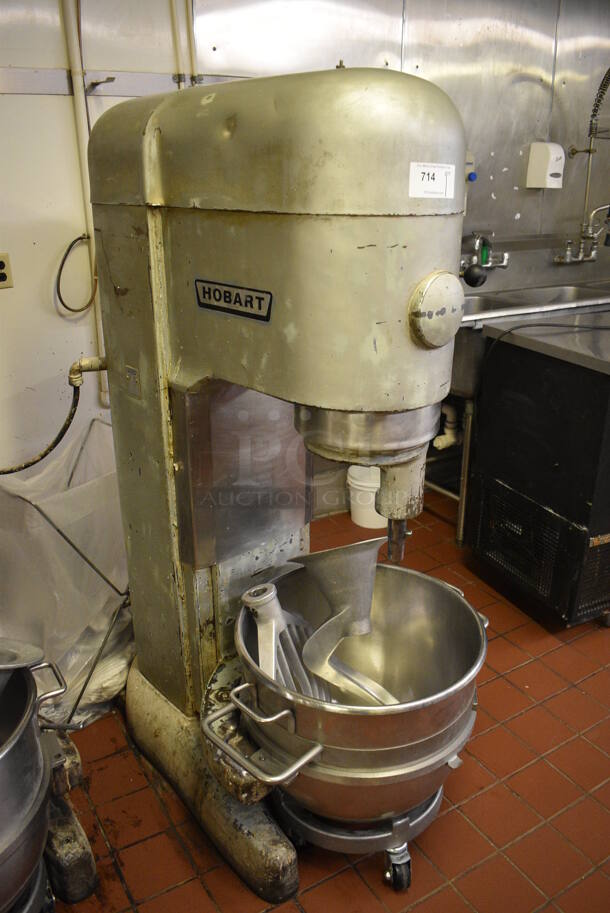 Hobart Model M-802 Metal Commercial Floor Style 80 Quart Planetary Dough Mixer w/ Stainless Steel Mixing Bowl, Bowl Dolly, Paddle and Dough Hook Attachments. 220 Volts, 3 Phase. 27x42x65. Unit Was In Working Condition When Restaurant Closed. (bakery kitchen) - Image 5 of 7