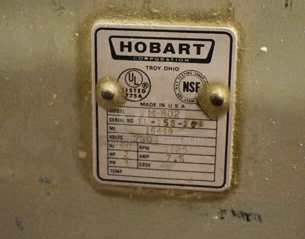 Hobart Model M-802 Metal Commercial Floor Style 80 Quart Planetary Dough Mixer w/ Stainless Steel Mixing Bowl, Bowl Dolly, Paddle and Dough Hook Attachments. 220 Volts, 3 Phase. 27x42x65. Unit Was In Working Condition When Restaurant Closed. (bakery kitchen) - Image 6 of 7