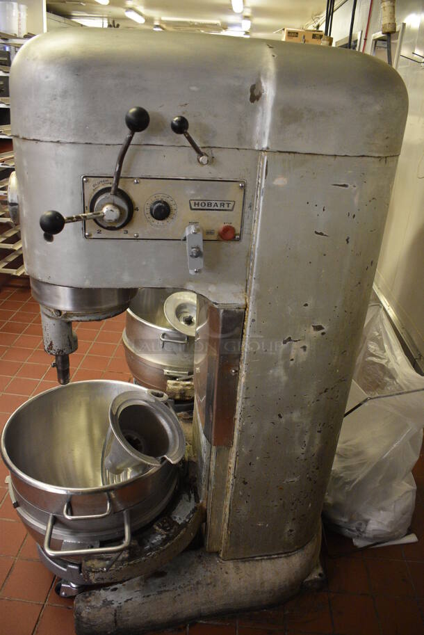 Hobart Model M-802 Metal Commercial Floor Style 80 Quart Planetary Dough Mixer w/ Stainless Steel Mixing Bowl, Bowl Dolly, Paddle and Dough Hook Attachments. 220 Volts, 3 Phase. 27x42x65. Unit Was In Working Condition When Restaurant Closed. (bakery kitchen) - Image 7 of 7