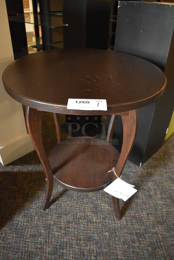 BRAND NEW! Wooden Round End Table w/ Under Shelf. 24x24x27. (garden center)