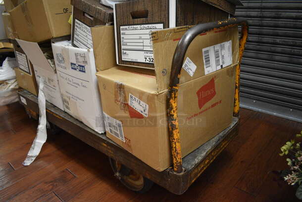 ALL ONE MONEY! Lot of Wooden Cart w/ Metal Push Handle and Contents Including Bow Ties and Shirts on Commercial Casters. 63x24x34.5. (gift shop) - Image 11 of 11