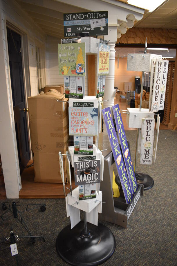 White Metal Stand w/ Various Signs. 22x22x68. (garden center)