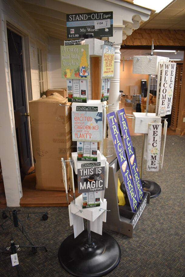 White Metal Stand w/ Various Signs. 22x22x68. (garden center) - Image 1 of 3