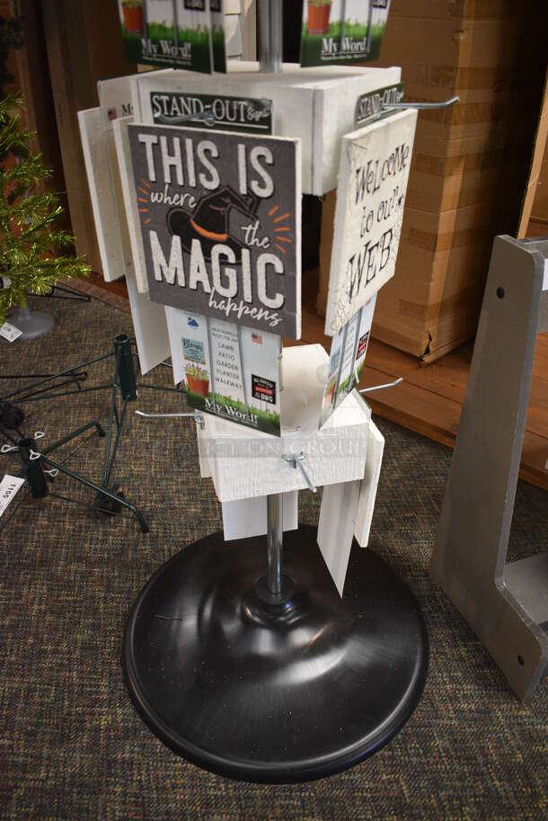 White Metal Stand w/ Various Signs. 22x22x68. (garden center) - Image 2 of 3