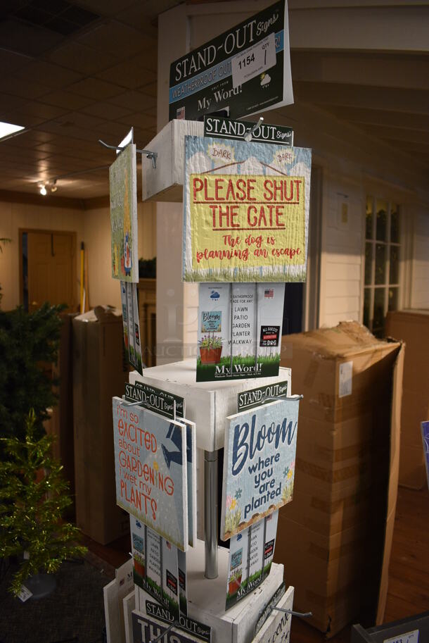 White Metal Stand w/ Various Signs. 22x22x68. (garden center) - Image 3 of 3