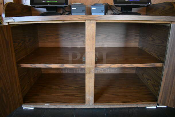 Wooden Counter w/ 2 Doors. Does Not Include Contents. 56.5x31x41.5. (back dining room) - Image 4 of 4