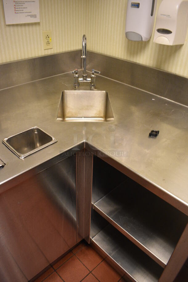 Stainless Steel Commercial L Shaped Table / Soda Station w/ Under Shelves and Sink Basin. Does Not Include Soda Machine. BUYER MUST REMOVE. 75x118x42. (kitchen hallway) - Image 5 of 6
