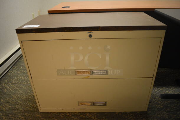 ALL ONE MONEY! Lot of Desk, Tan Metal Filing Cabinet and Wood Pattern Table. Includes 71x29.5x30. (office behind gift shop) - Image 2 of 6