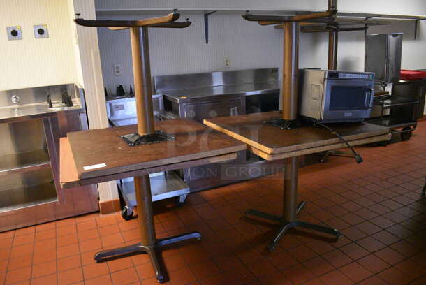 7 Wood Pattern Tables on Metal Table Bases. 36x36x30. 7 Times Your Bid! (kitchen hallway)