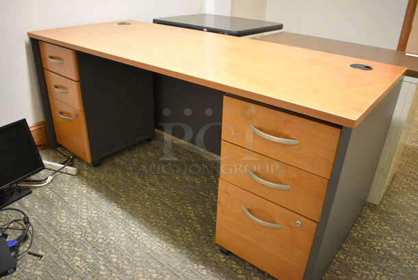 ALL ONE MONEY! Lot of Desk, Tan Metal Filing Cabinet and Wood Pattern Table. Includes 71x29.5x30. (office behind gift shop) - Image 5 of 6