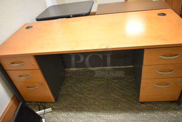 ALL ONE MONEY! Lot of Desk, Tan Metal Filing Cabinet and Wood Pattern Table. Includes 71x29.5x30. (office behind gift shop) - Image 6 of 6