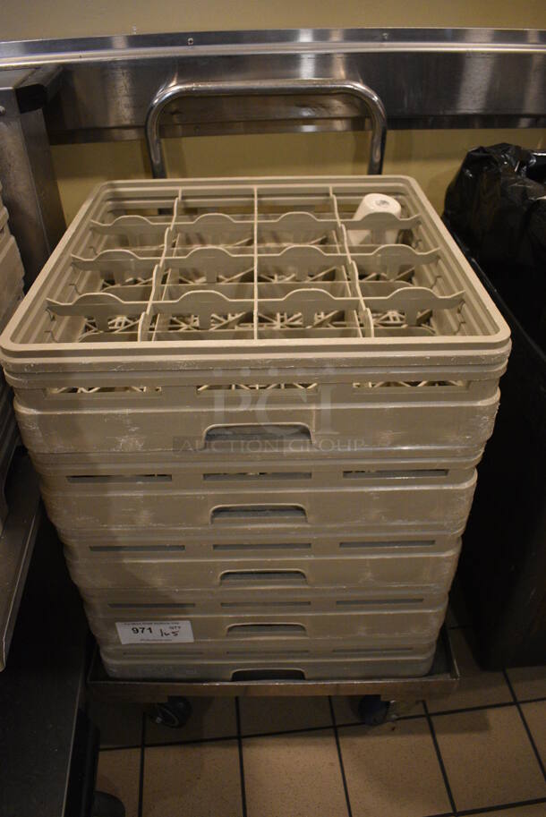 Stainless Steel Dish Cart w/ 5 Tan Dish Caddies and Approximately 64 Ceramic Mugs on Commercial Casters. 21.5x23x34, 4.5x3.5x3.5. (employee breakroom)