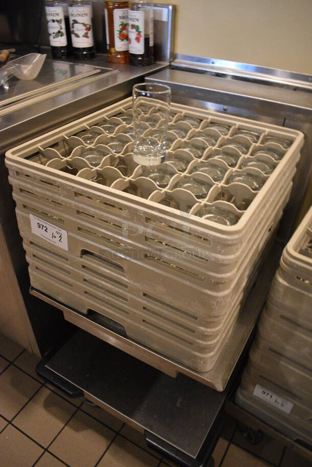 Stainless Steel Dish Cart w/ 2 Tan Dish Caddies and Approximately 60 Beverage Glasses on Commercial Casters. 22x32x25. 2.75x2.75x5.5. (employee breakroom) - Image 2 of 4