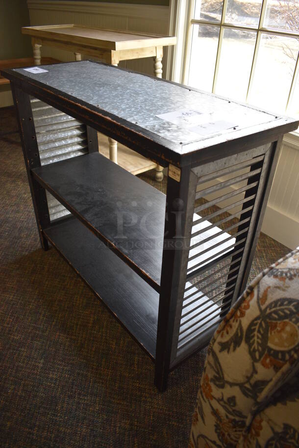 Black Wooden Table w/ Metal Tabletop and 2 Under Shelves. 36x14x30.5. (garden center) - Image 2 of 4
