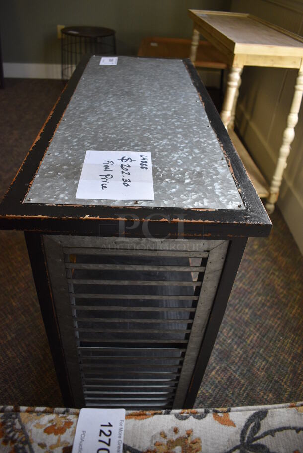 Black Wooden Table w/ Metal Tabletop and 2 Under Shelves. 36x14x30.5. (garden center) - Image 3 of 4