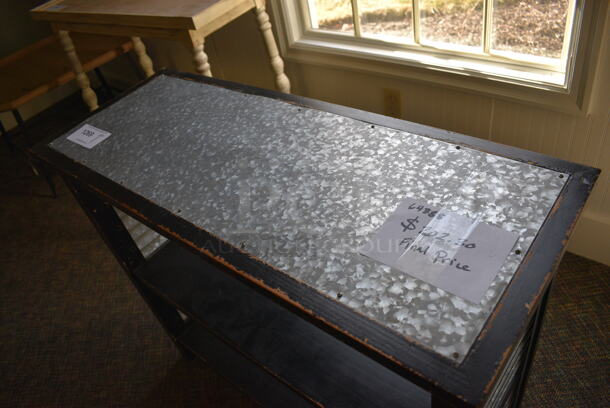 Black Wooden Table w/ Metal Tabletop and 2 Under Shelves. 36x14x30.5. (garden center) - Image 4 of 4