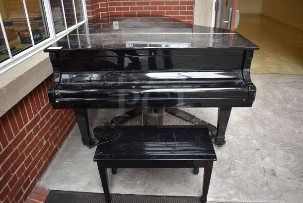 Young Chang Black Floor Style Piano on Commercial Casters w/ Bench. BUYER MUST REMOVE: Give Yourself Ample Time To Remove This Item on Pick Up Day. 59x70x40.5, 30x14x18.5. (atrium) - Image 2 of 11