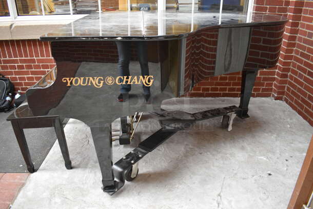 Young Chang Black Floor Style Piano on Commercial Casters w/ Bench. BUYER MUST REMOVE: Give Yourself Ample Time To Remove This Item on Pick Up Day. 59x70x40.5, 30x14x18.5. (atrium) - Image 4 of 11