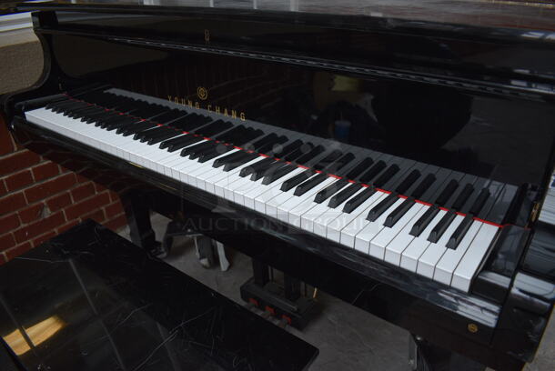 Young Chang Black Floor Style Piano on Commercial Casters w/ Bench. BUYER MUST REMOVE: Give Yourself Ample Time To Remove This Item on Pick Up Day. 59x70x40.5, 30x14x18.5. (atrium) - Image 8 of 11