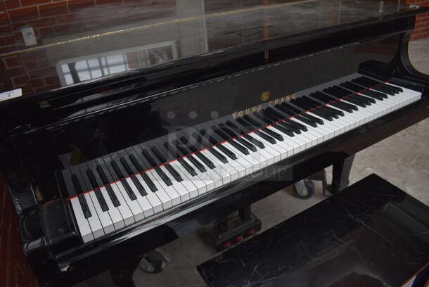 Young Chang Black Floor Style Piano on Commercial Casters w/ Bench. BUYER MUST REMOVE: Give Yourself Ample Time To Remove This Item on Pick Up Day. 59x70x40.5, 30x14x18.5. (atrium) - Image 9 of 11