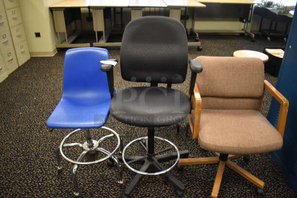 3 Various Chairs; Blue, Black and Tan. Includes 23x23x35. 3 Times Your Bid! (room 220)