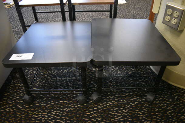 2 Black End Tables w/ Wire Under Shelf on Casters. 19x16x13.5. 2 Times Your Bid! (room 220)