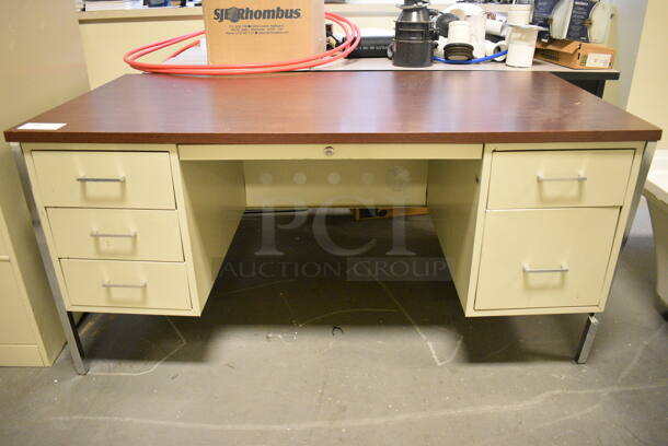 Tan Metal Desk w/ Wood Pattern Desktop and 5 Drawers. 60x30x29. (room 102)