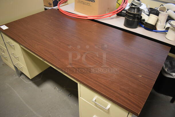 Tan Metal Desk w/ Wood Pattern Desktop and 5 Drawers. 60x30x29. (room 102) - Image 3 of 7