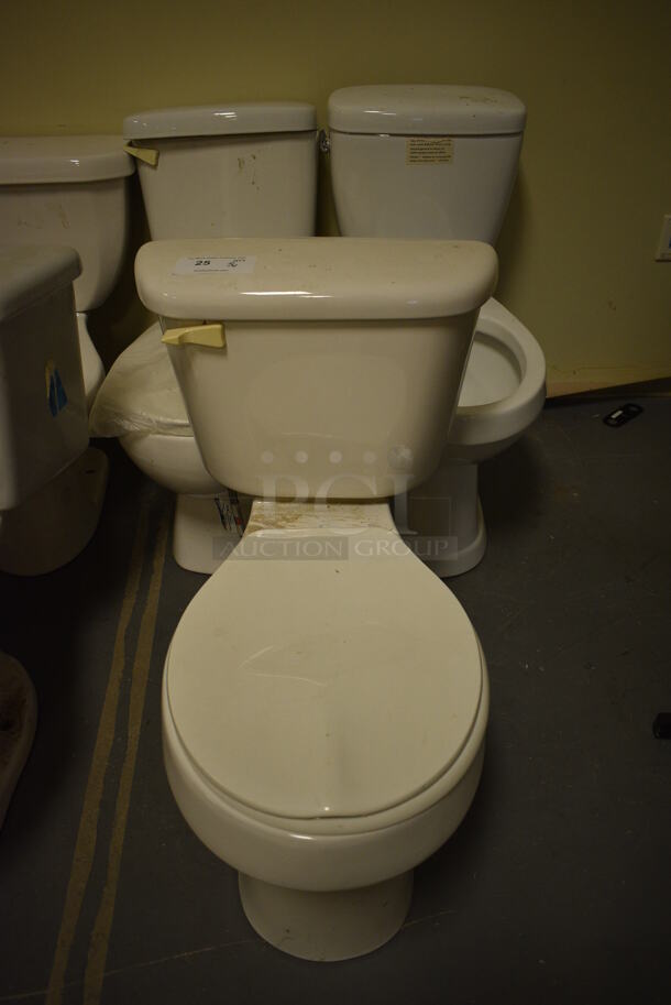 3 Various White Toilets; 1 Missing Toilet Seat and Lid. 19x27x28. 3 Times Your Bid! (room 102)