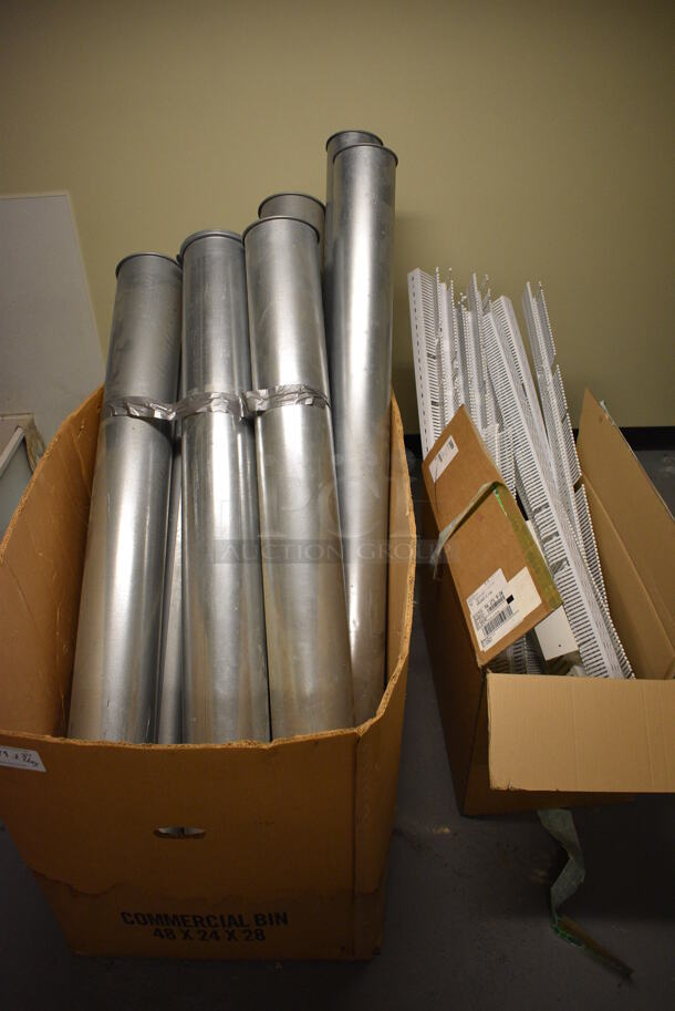 ALL ONE MONEY! Lot of 2 Boxes of Metal Tubes and White Racks! (south basement 021D)