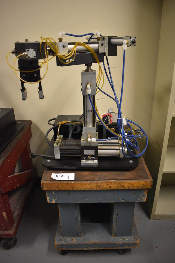 Lab-Volt Metal Countertop Robot Arm on Wooden Cart w/ Commercial Casters. 19x25x45. (south basement 021D)