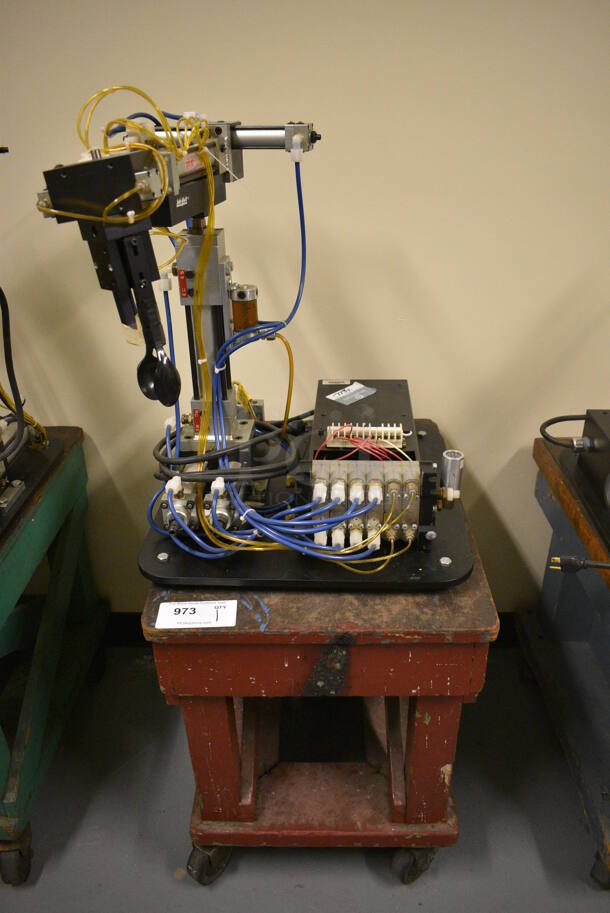 Lab-Volt Metal Countertop Robot Arm on Wooden Cart w/ Commercial Casters. 18x24x46. (south basement 021D)