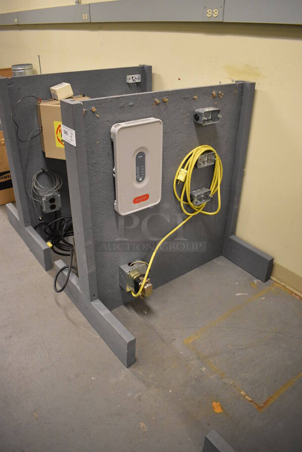 2 Gray Wooden Stands w/ Various Electrical Boxes. 36x24x36. 2 Times Your Bid! (north basement 004)