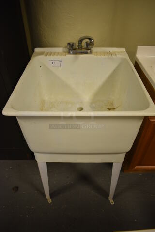 White Poly Single Bay Sink w/ Faucet and Handles on Legs. 23x25x37.5. (room 102)