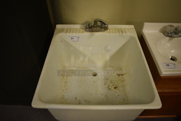 White Poly Single Bay Sink w/ Faucet and Handles on Legs. 23x25x37.5. (room 102) - Image 2 of 6
