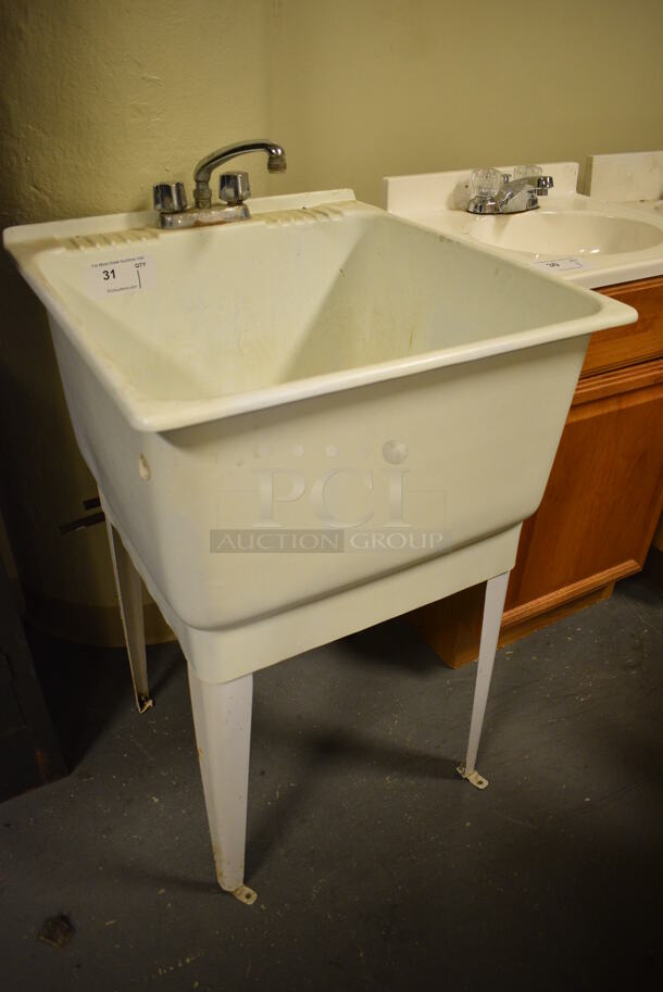 White Poly Single Bay Sink w/ Faucet and Handles on Legs. 23x25x37.5. (room 102) - Image 3 of 6