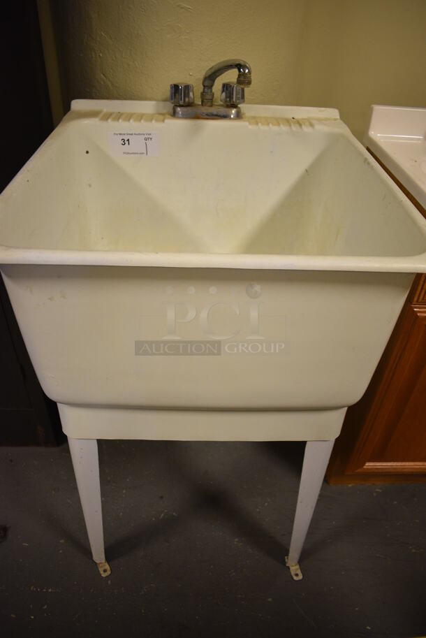 White Poly Single Bay Sink w/ Faucet and Handles on Legs. 23x25x37.5. (room 102) - Image 5 of 6