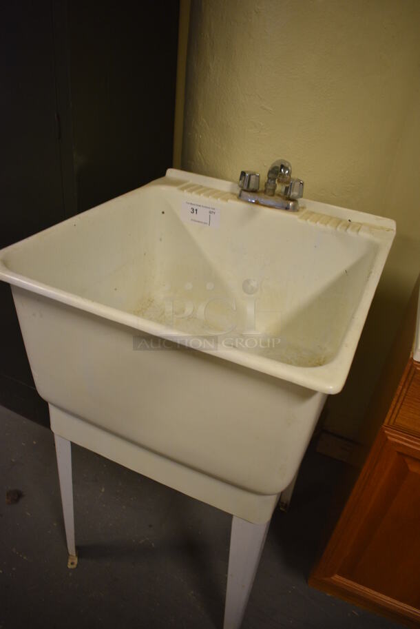 White Poly Single Bay Sink w/ Faucet and Handles on Legs. 23x25x37.5. (room 102) - Image 6 of 6