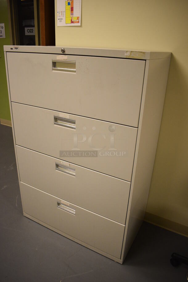 Tan Metal 4 Drawer Filing Cabinet. 36x19x53. (south basement hallway by 022) - Image 2 of 6