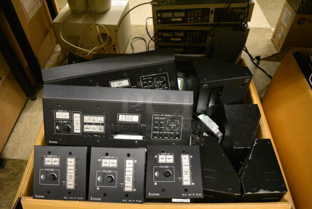 ALL ONE MONEY! Lot of 2 Boxes of Various Extron Pieces Including MLC 104 IP Plus. Includes 4.5x4.5x2, 14x5.5x4. (room 105)