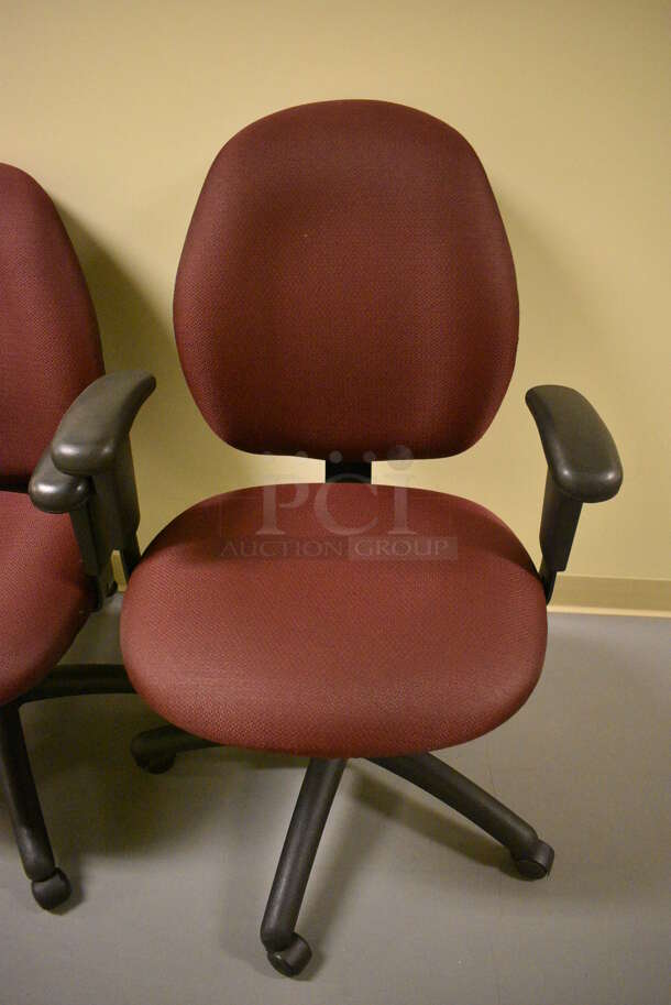 2 Red Office Chairs w/ Arm Rests on Casters. 24x22x39. 2 Times Your Bid! (south basement hallway by 022) - Image 3 of 4